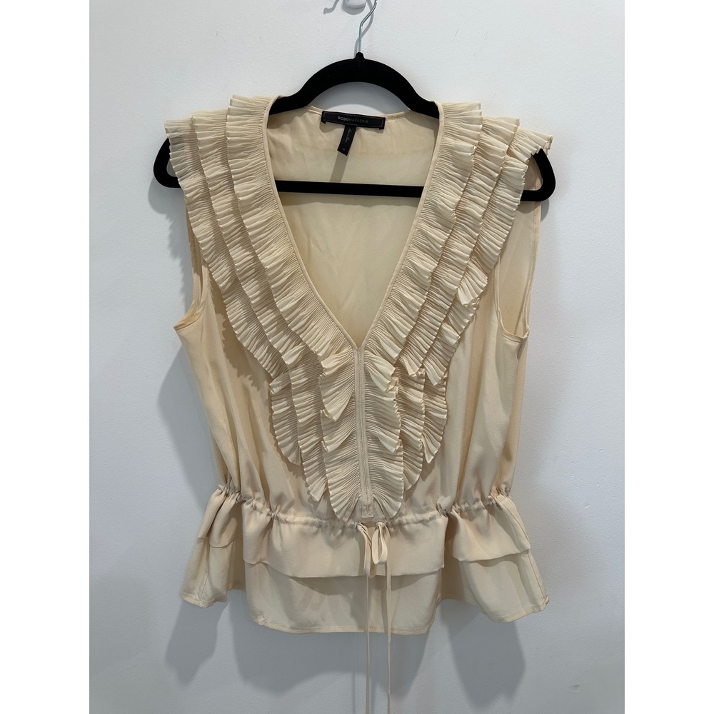 BCBGMAXAZRIA Cream Silk Ruffle V-Neck Peplum Sleeveless Blouse Top Medium